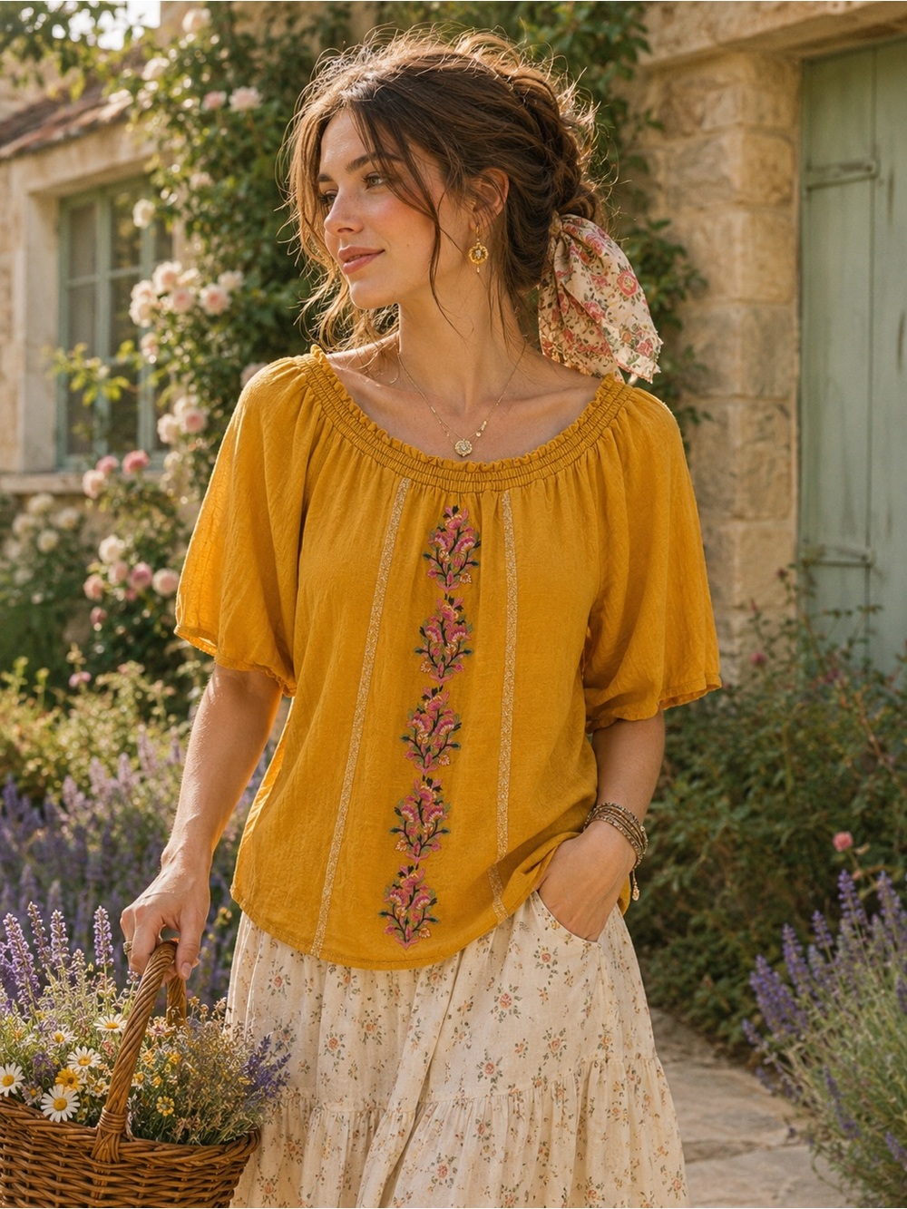 Sundance 100% Linen Yellow Embroidered Dancing Garden cottage boho top